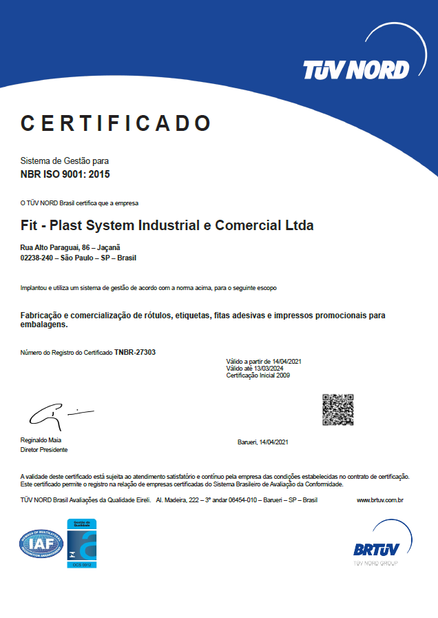 Certificado ISO 9001 da Fitplast